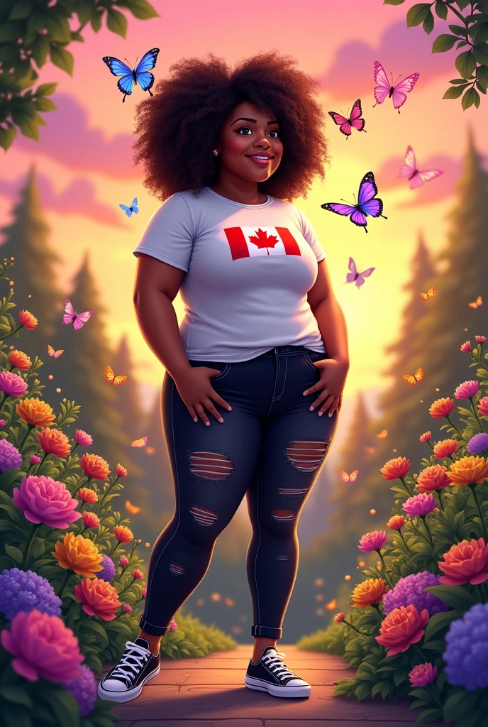 A slightly chubby black woman with curly hair, a white t-shirt with the Canadian flag, black jeans ripped at the knee and sneakers, she is in a garden full of flowers with the sunset in the background around her full of colorful cartoon butterflies