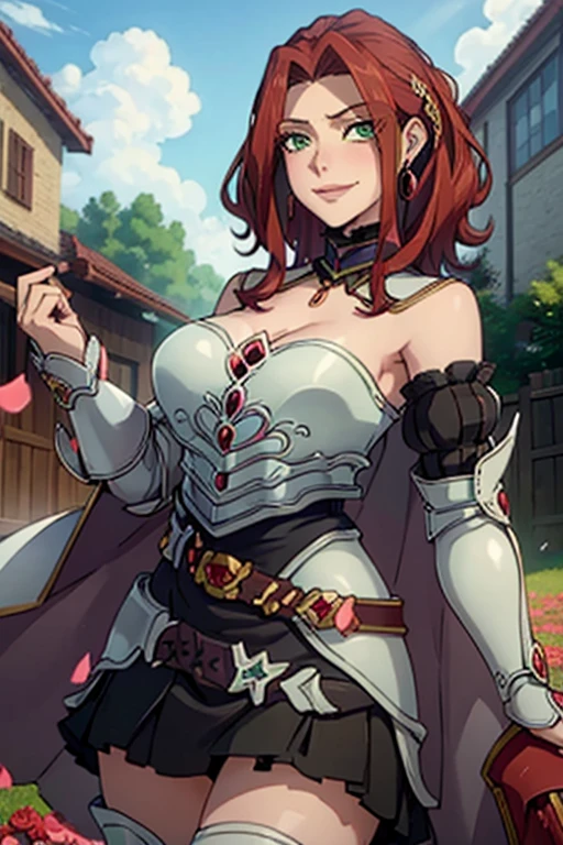 (masterpiece, Best Quality:1.4), looking at the viewer, cowboy shot, affected smile, malty melromarc, Red hair, by the wide, green eyes, exposed cleavage, big breasts, big breasts, hair ornament, earrings, jewelry, armor, armored dress, dress, separate sleeves, breastplate, purple skirt, belt, outdoor, grass, rose garden with rose petals in the air, big breasts, huge breasts, giant breasts