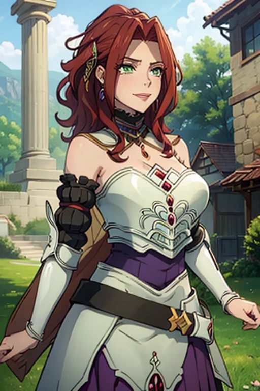 (masterpiece, Best Quality:1.4), looking at the viewer, cowboy shot, affected smile, malty melromarc, Red hair, by the wide, green eyes, exposed cleavage, big breasts, big breasts, hair ornament, earrings, jewelry, armor, armored dress, dress, separate sleeves, breastplate, purple skirt, belt, outdoor, grass, rose garden with rose petals in the air, big breasts, huge breasts, giant breasts