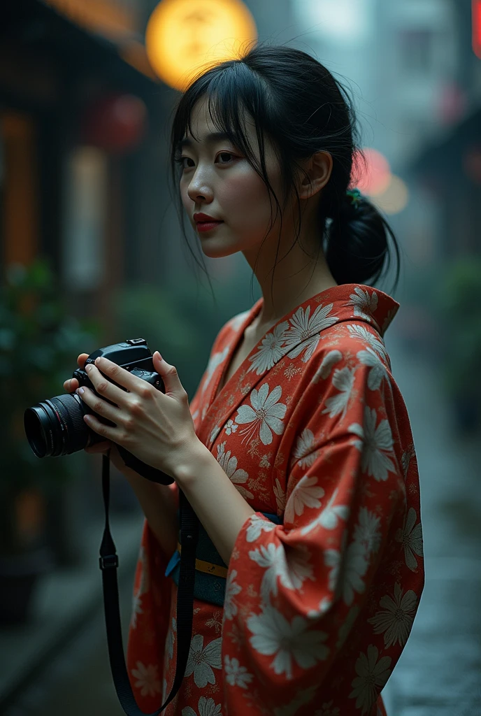 a Japanese woman, Japanese Kimono, holding a camera, no makeup, a little plump body,photo art, standing in the street, wet cloths, deep shadow,(best quality, masterpiece), pale skin, dimly lit, shade, flustered, blush, highly detailed, skinny, BREAK depth of field, film grain, wrinkled skin, not looking at viewer, knee, warm smile, (upper body), masterpiece, ultra realistic