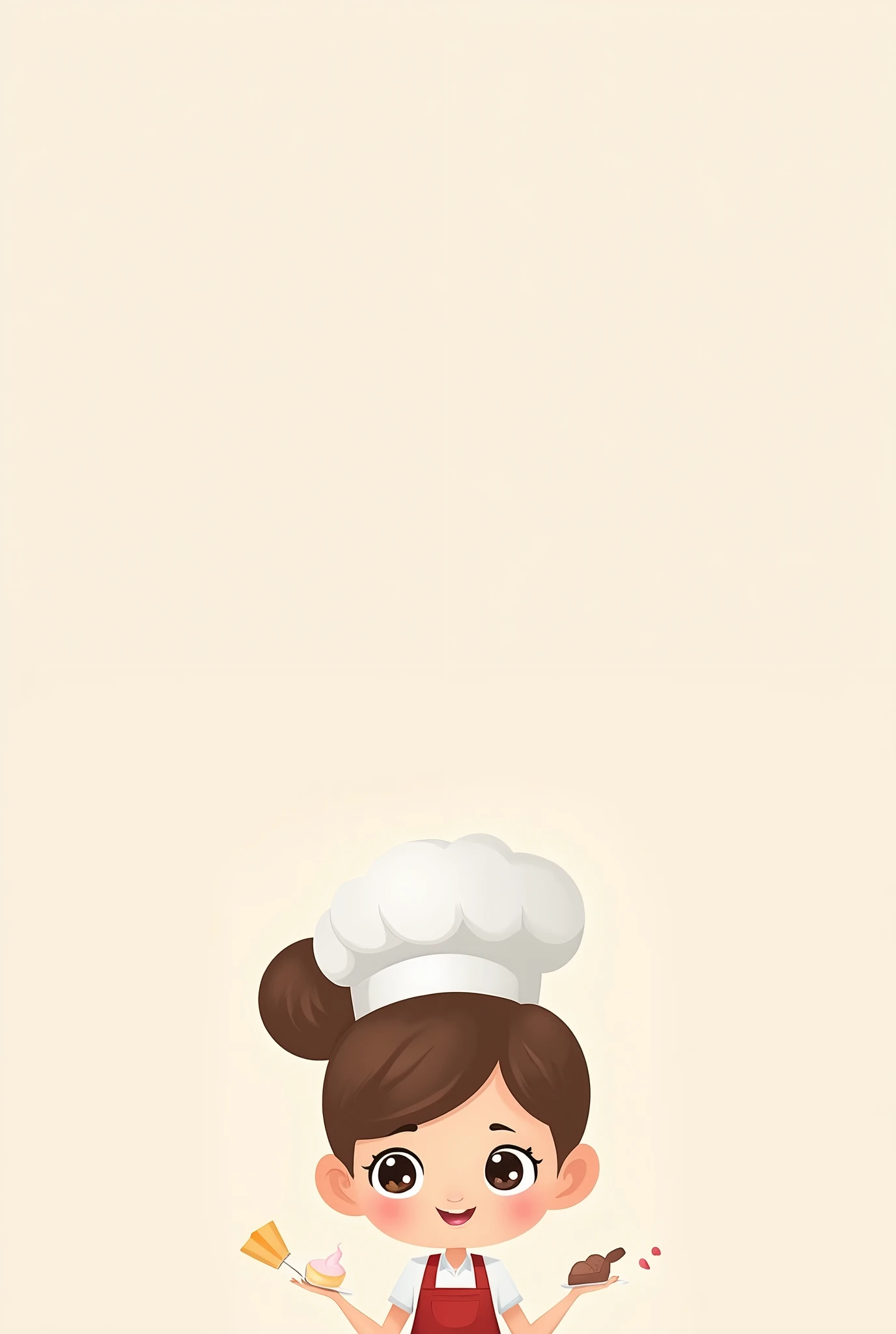 Minimalist cartoon of a woman pastry chef, looking calm, smiling and happy. Its appearance is small and cute.. With a ponytail in her hair