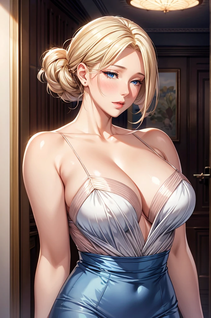 Realistic, Elegant mature woman, , blush, blue eyes, Blonde, Soft Light, 4K resolution, high quality, Beautiful CG