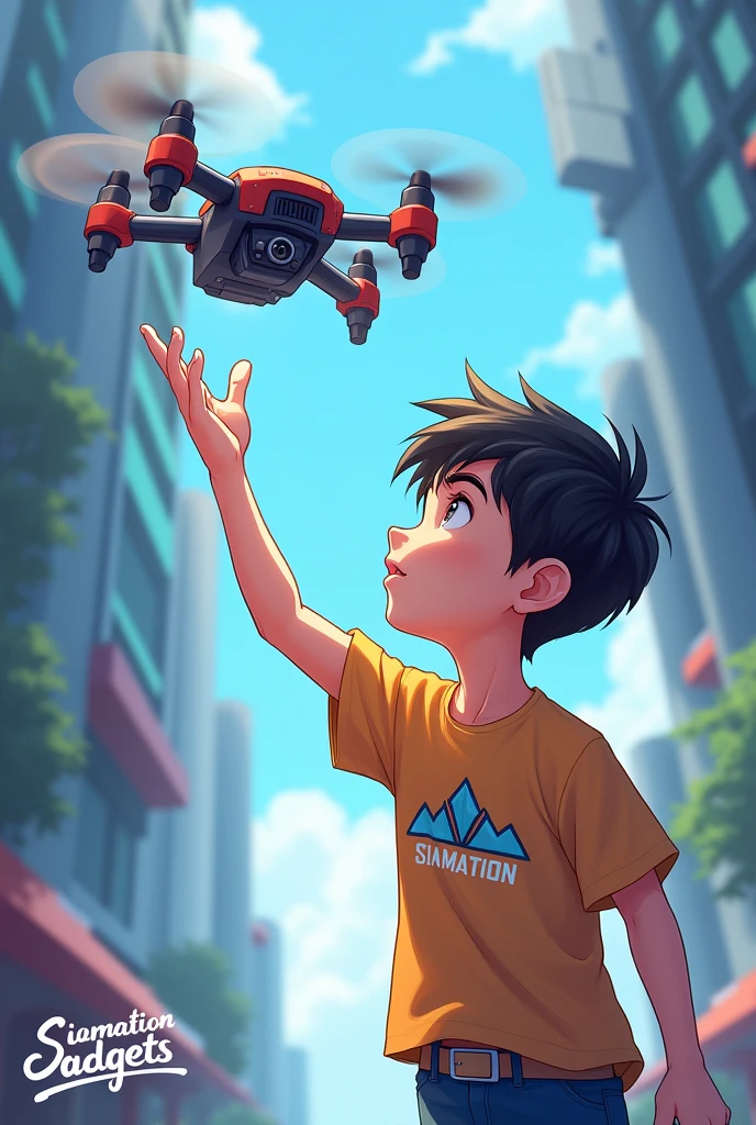 A Boy raising his hand halfway to a drone. Make the background a little bit Technological The drone is little bit close to him. Make this in 2D anime style. Put a stylish text on the photo "Siamation Gadgets " on bottom corner. Put the text a little upper. Make the drone a bit smaller, amd put a logo on the boys tshirt "Siamation"