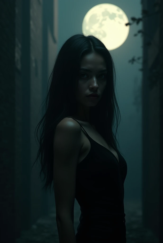 A dark background image with a mafia sound , A girl with grey eyes and black hair, dark skin and a slender figure , while looking at the moon