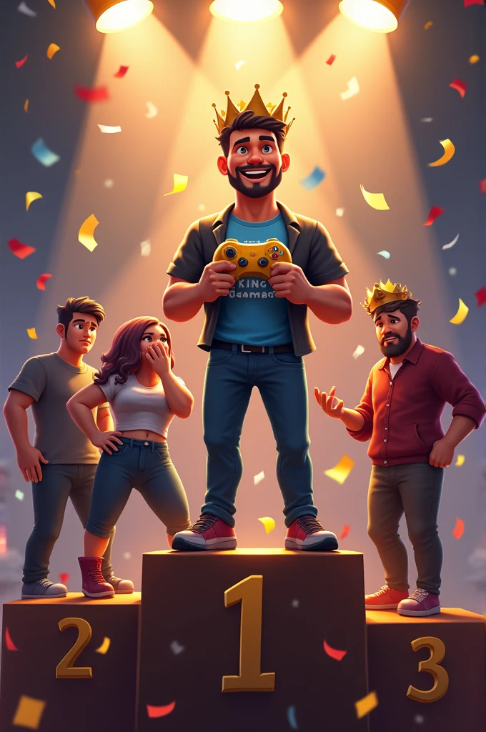 
"Create a podium with five places. In the first place, there is a man standing proudly, holding a golden game controller. He is wearing a champion's crown and a shirt that has 'King of Games' written on it. The man should have a victorious expression on his face. From the second to fifth places, show people who are visibly upset and crying because they lost. The background is a celebratory scene with confetti falling around the first-place winner, contrasting with the sadness of the others."

This description should give you a detailed and vibrant image of the scene.