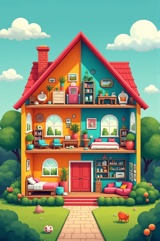 A colorful image of a house showing the rooms , some neat and others messy