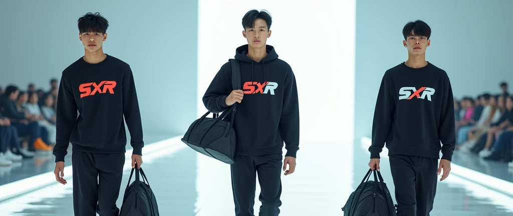(photorealism:1.2), Three sportwear fashion handsome 18 yrs. old, k pop Asian male model, runway show full body holding sports bag pack, tank top casual wear style, SXR logo design, ultra-detailed, film photography, light leaks, trending on sportwear, sharp focus, studio photo, futuristic details, highly detailed
