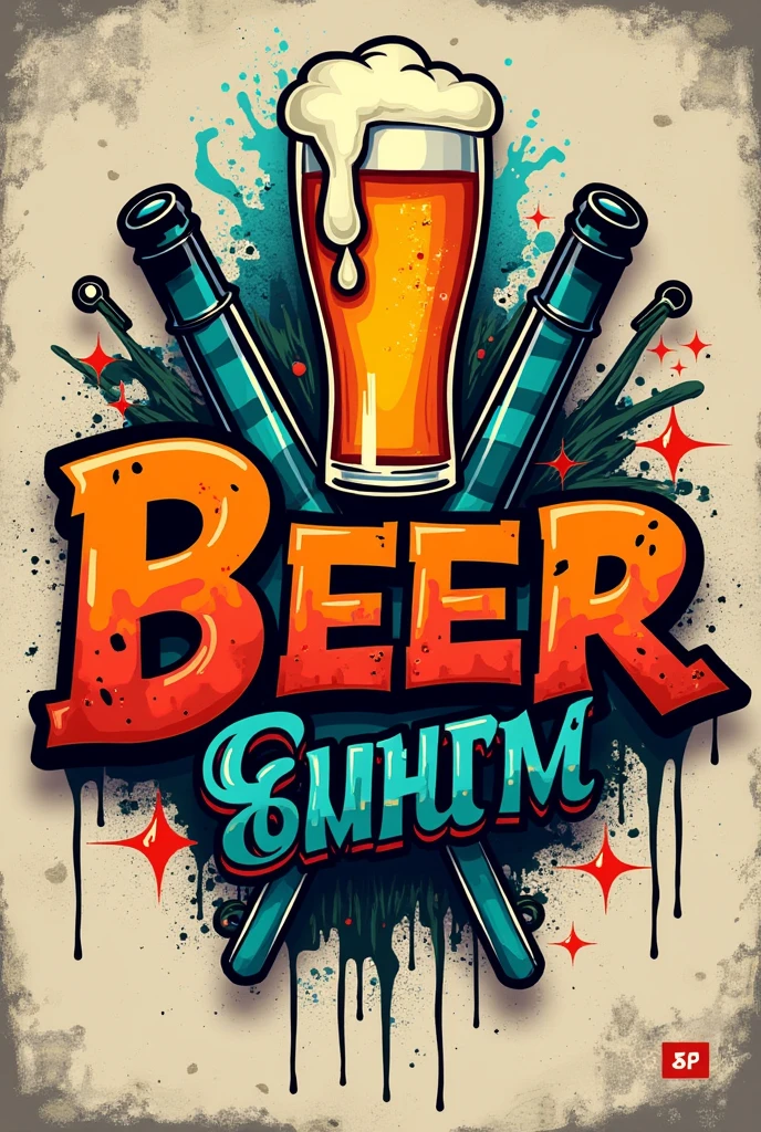 Create a graffiti-style logo with bright colors for a barbershop that mixes beer and a barbershop