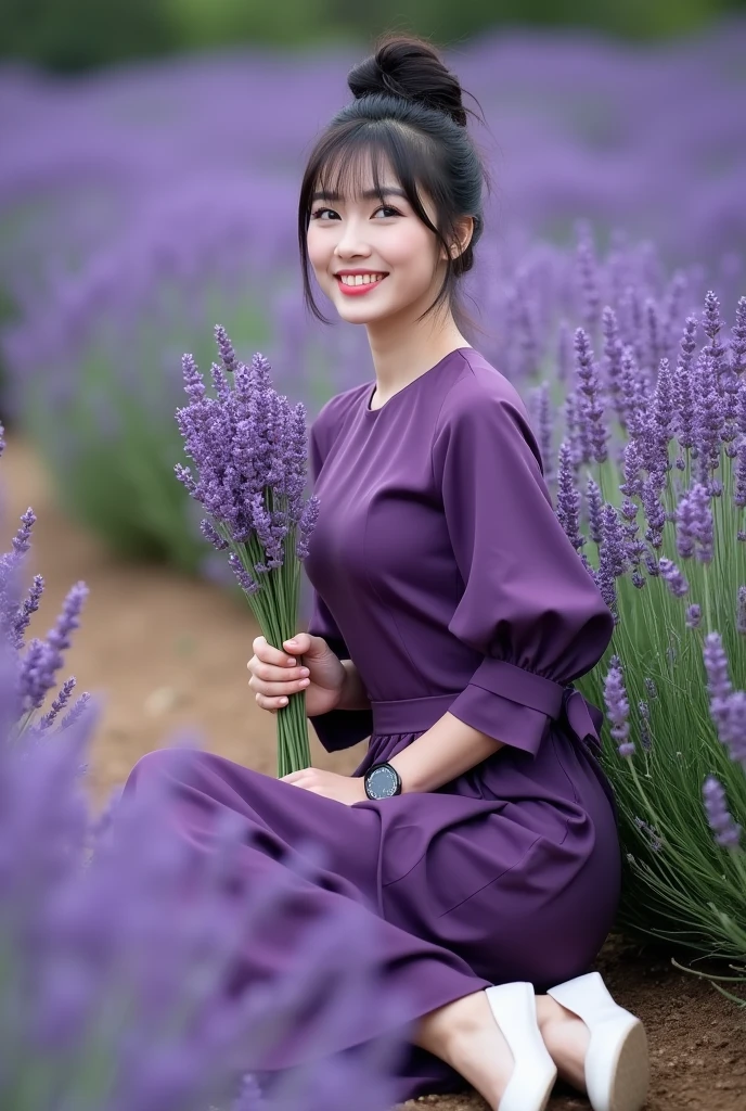 A beautiful Indonesian woman, smooth white skin, well-groomed face,top bun hair, Korean style with bangs, ,wearing a closed chest dress, eggplant purple knee length,left and right sleeves with beautiful ribbons,balloon sleeve model ,holding a bouquet of purple lavender flowers, ,black watch, white shoes, sitting pose, in the grove of lavender flowers , purple color that blooms beautifully and densely. Lavender flower garden background , beautiful very amazing .Realistic original photo