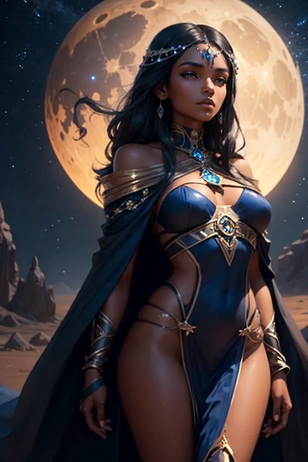 A mysterious woman with bronzed skin and long, sleek ebony hair stands in a desert under a starry sky. Her deep blue eyes radiate calm and mystery. She wears a dark blue cloak with silver accents, shimmering under the moonlight. She holds a staff adorned with crystals reflecting the starlight. The background features golden dunes and a large full moon on the horizon. The atmosphere is serene and mystical, rendered in high-detail fantasy digital art with glowing effects and a night-time palette.