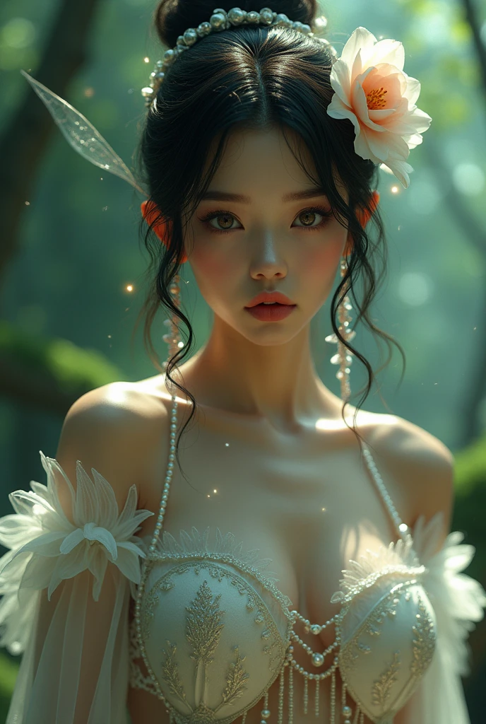 (masterpiece,best quality:1.4),(8k,raw photo,photo realistic:1.2),shiny skin,detailed skin,detailed face,detailed eyes,Detailed hands,Detailed Background、1girl,Japanese idol,(beautiful face),(Shining Eyes:1.1),、Ultimate Idol、Symmetrical eyes、、Great background、Great location、((Japanese,Tinker Bell costumes))、(Detailed and very cute,),Full body portrait,Shining,Mysterious Forest,Sitting Woman,nswf,sexy Instagram style