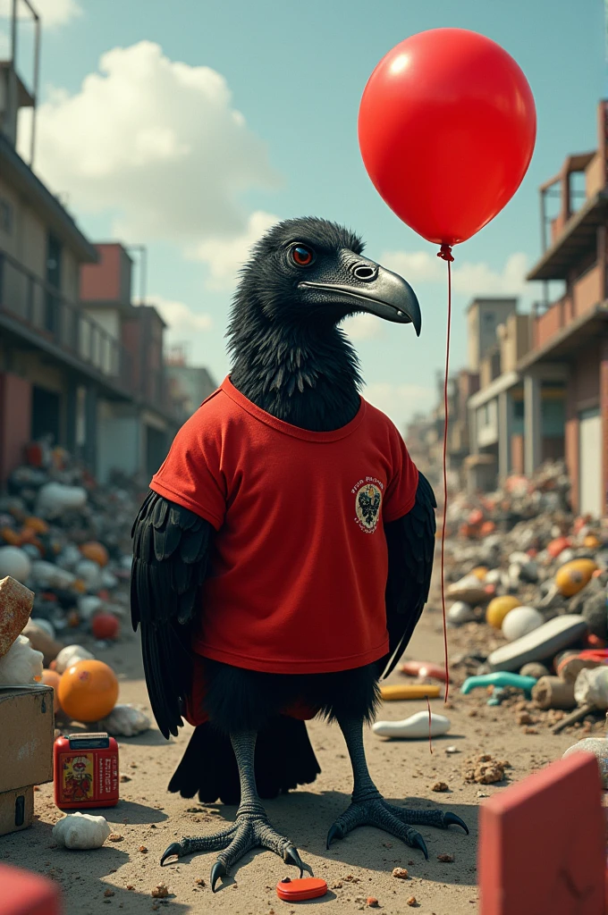 A black vulture wearing a red T-shirt holding a red ballon in a dump