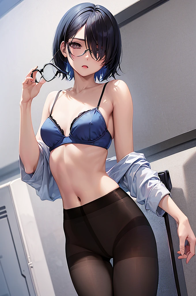 masterpiece, best quality,anime style, 1 girl,(((slender body))), (((small eyes))),(((blue bra,black pantyhose,glasses))), (beautiful face), (((short hair))), (((straight hair))), ((((black hair)))),detailed beautiful skin, (perfect hands, perfect anatomy),scream