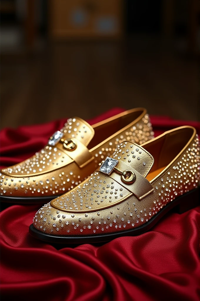 Gold men&#39;s shoes with diamond-encrusted studs and moccasin style