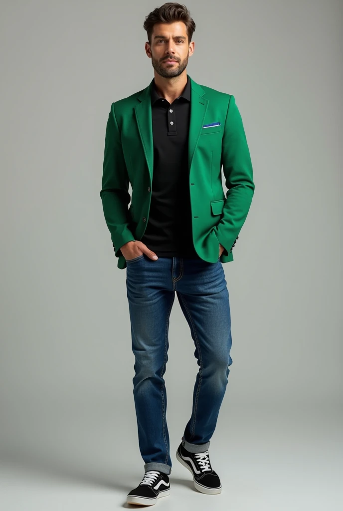 Create a clothing combination for a black polo shirt for men, with a combination with a green jacket or jacket full body image,  polo shirt, with blue jeans