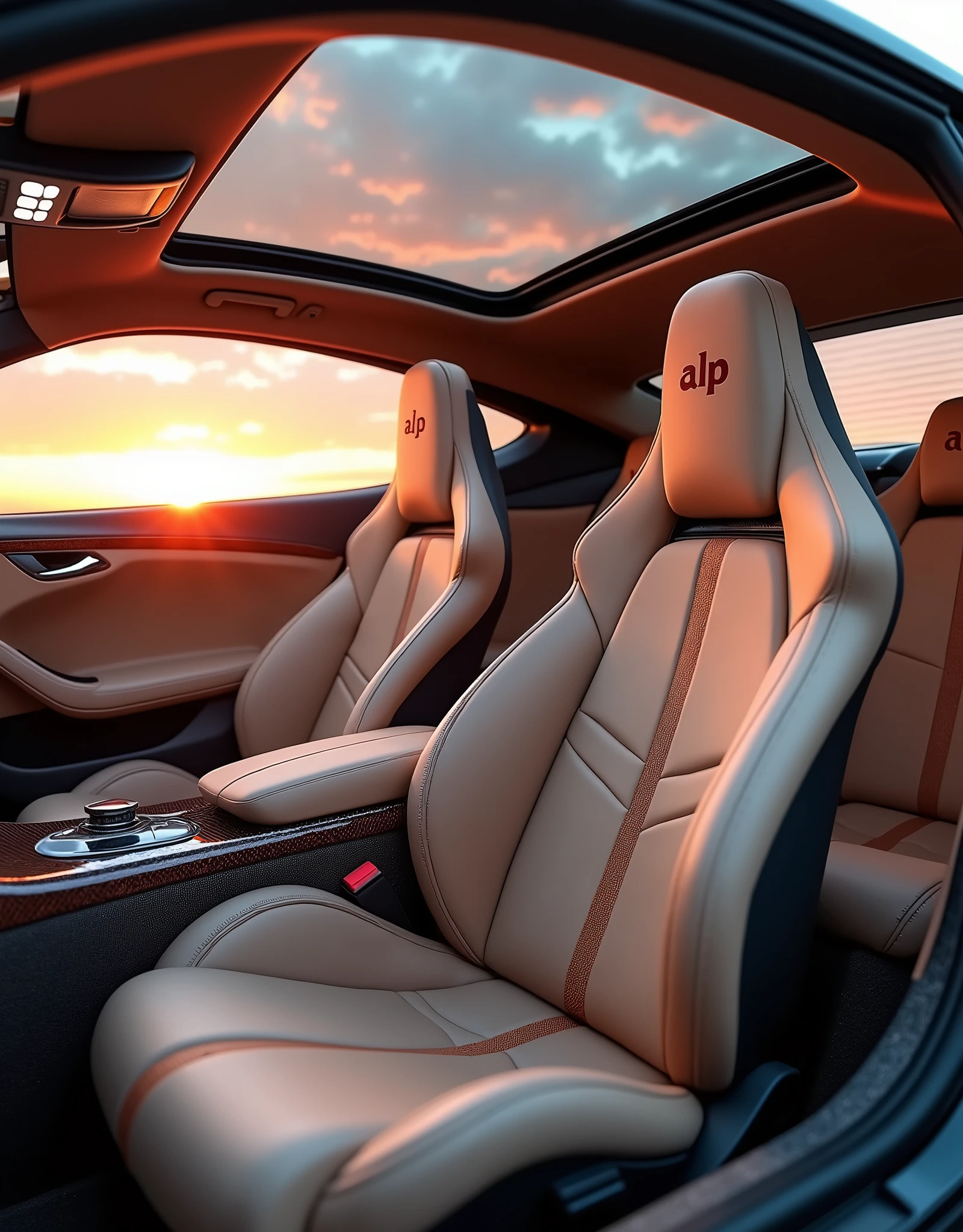 Camera view in 3/4 angle (45 degrees). Highlights include the fully customized interior design, the highly sophisticated and modern sports seats in beige synthetic leather with the initials “ALP” written in carmine red on the headrest, the doors and side panels finished in carbon fiber and walnut, creating a blend of modernity and tradition and the closed panoramic sunroof that reflects natural light. | Natural light with a magnificent pink-orange sunset outdoors, ((work of art, ultra HD, CRU, best qualityer, High details, 8k:1.2)). --style raw --ar 4:5 --iw 0.7