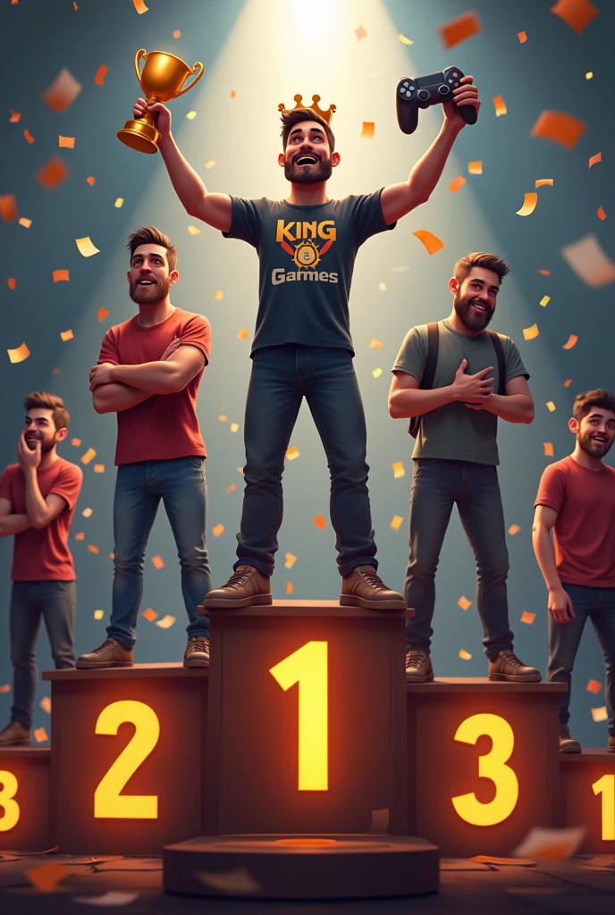 "Create a podium with five places. In the first place, there is a man standing proudly, holding a golden game controller. He is wearing a champion's crown and a shirt that has 'King of Games' written on it. The man should have a victorious expression on his face. From the second to fifth places, show people who are visibly upset and crying because they lost. The background is a celebratory scene with confetti falling around the first-place winner, contrasting with the sadness of the others."
This description should give you a detailed and vibrant image of the scene.