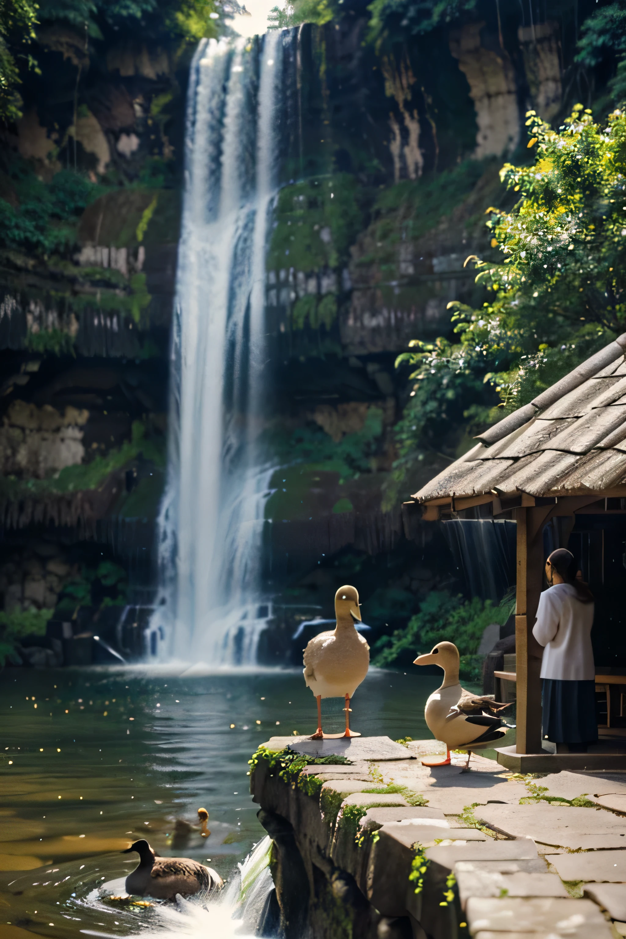 novices with duck and waterfall