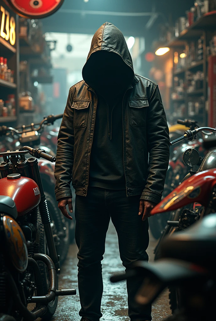 A dirtbike store with man in hood jocket
