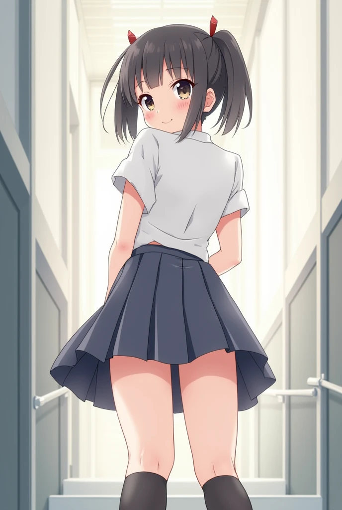  girl, (black haired), sailor suit, Standing in the middle of the stairs,  enchanting smile, blush,  She pulls up her skirt, Skirt flip,  angle from below, Sexual mischief, I do not have a girlfriend&#39;Wearing panties, Seduce