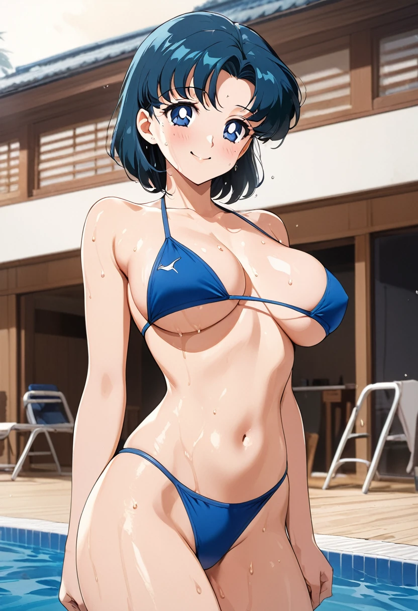 masterpiece, Highest quality, High resolution, (Mizuno Ami),1990s \(style\),Blue swimsuit、Blue Bikini,(C cup beautiful breasts)、height: 160cm,Sweating all over the body、vapor、Muscular、sexy、Sweaty、Configuration from the front、An innocent smile、Anime-style painting style,Blue Hair、Shortcuts、A composition that shows the whole body、The background is the pool、Dynamic pose