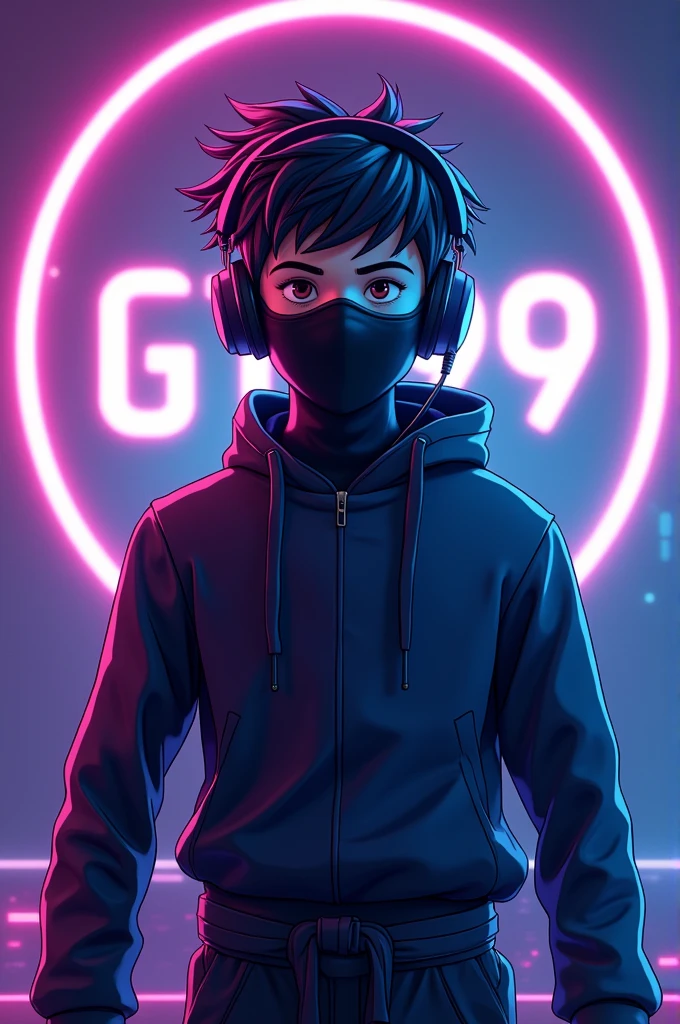 ((best quality)), ((masterpiece)), ((Detailed)), ((cartoon)),A 20 year old young boy wear black colour cloth mask on face and headphones and playing game in his video game device his purple and blue neon background, white neon outline on his body 8k UHD, Ninja Outfit , a Text in his background ( Gtx99 ) ( A circle Mask for profile picture)