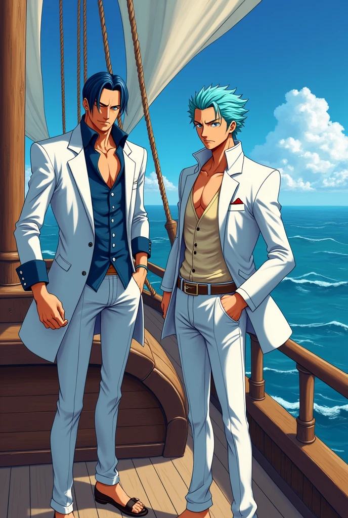 Create an anime one piece type image, with two men dressed in white suits, the tallest man who has navy blue hair down to his ears and the other light blue hair, that they are a pirate ship