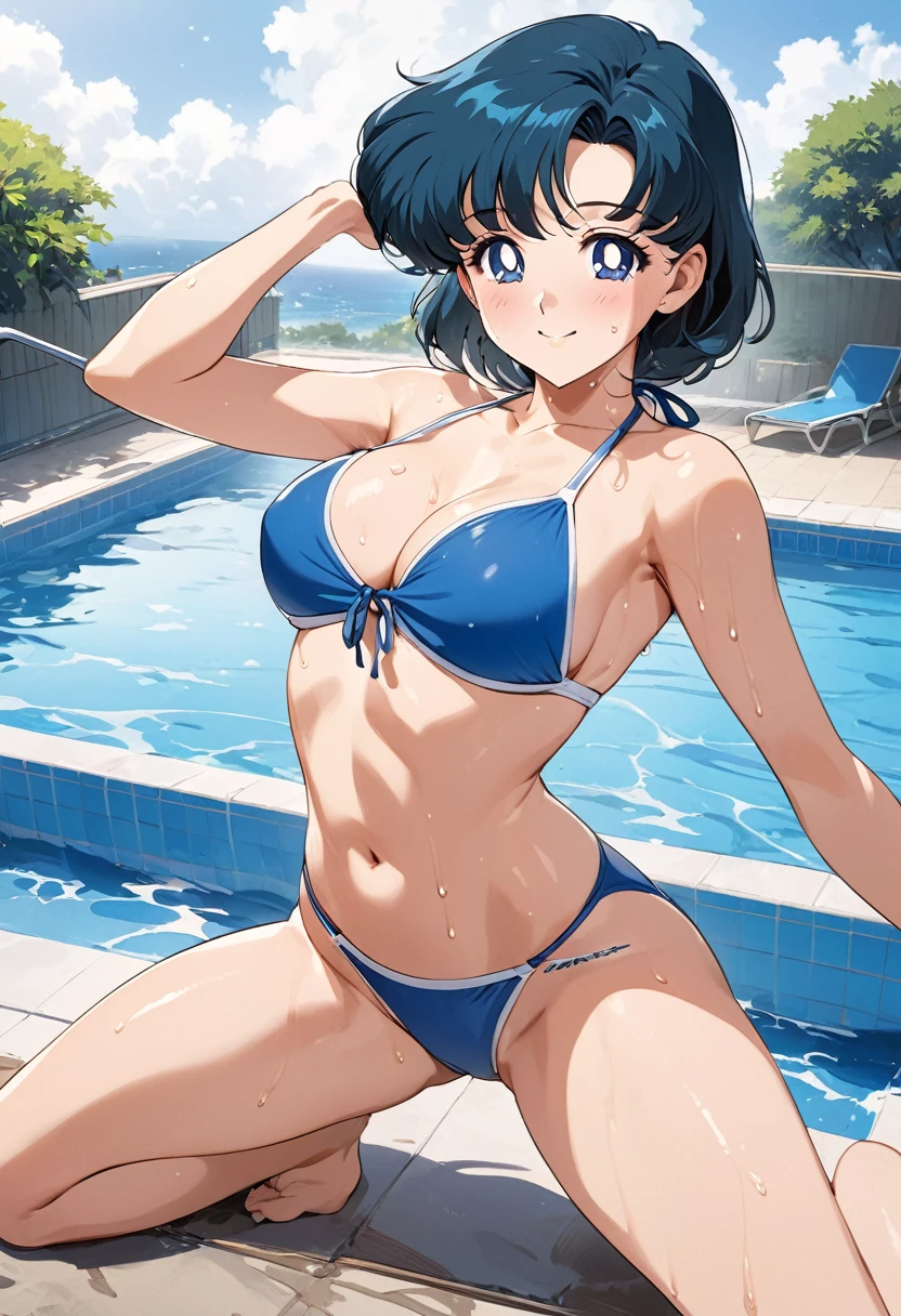 masterpiece, Highest quality, High resolution, (Mizuno Ami),1990s \(style\),Blue swimsuit、Blue Bikini,(C cup beautiful breasts)、height: 160cm,Sweating all over the body、vapor、Muscular、sexy、Sweaty、Configuration from the front、An innocent smile、Anime-style painting style,Blue Hair、Shortcuts、A composition that shows the whole body、The background is the pool、Dynamic pose