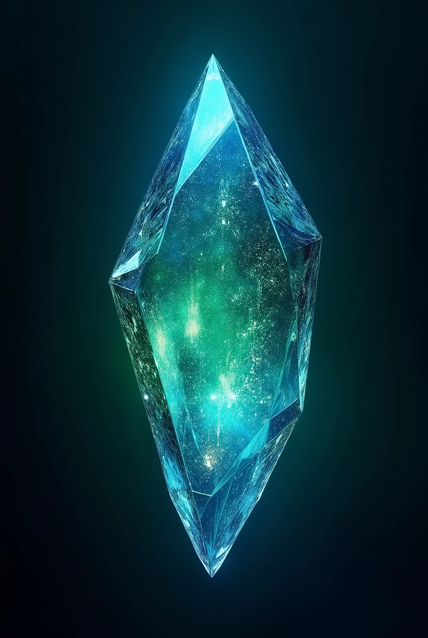 a striking crystal with blue and green hues surrounded by darkness on a stone