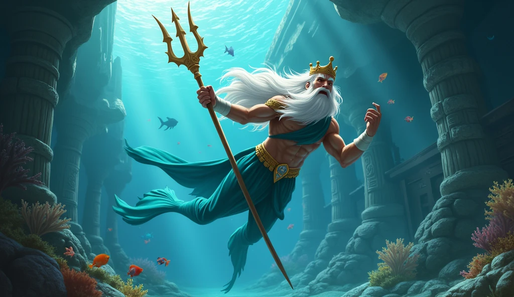 King Triton swimming in a museum under the sea