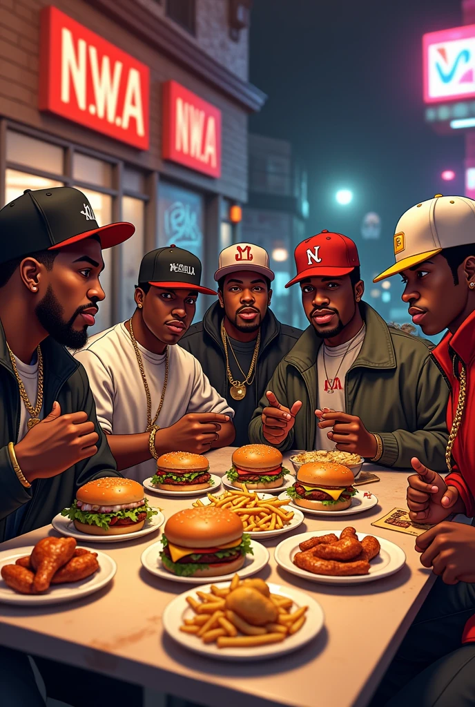 I want the animated NWA rap group from Compton eating fast food like hamburgers, fries, wings 

