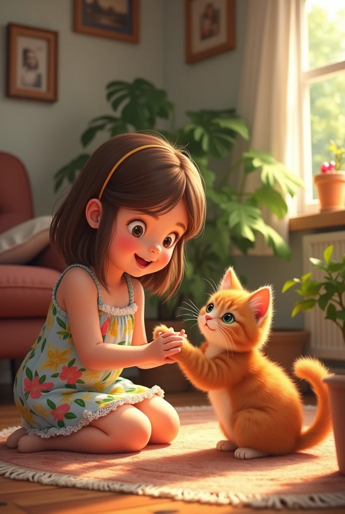 the beautiful ginger cat living with girl in the house.the smalls playing with the ginger small cat.