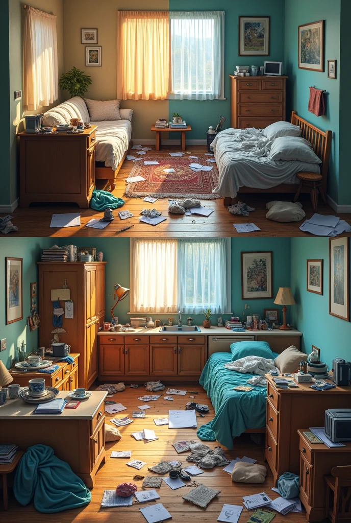 An image of a house showing the rooms , some tidy and other rooms very, very messy