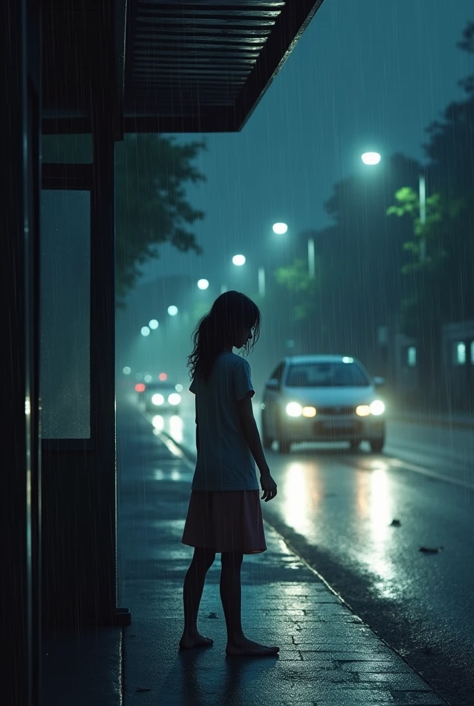 It’s a dark and stormy night. Heavy rain pours down, drumming loudly on the metal roof of a deserted bus stand. A young girl, ANJALI, stands alone under the shelter, drenched and shivering. She checks her phone anxiously, but there’s no signal. She hugs herself for warmth, glancing nervously around the deserted street In the distance, headlights pierce through the rain. A car approaches slowly, then stops near the bus stand. Inside, a group of four young, drunk men spot Anjali. Their expressions turn sinister as they exchange glances.
The men share a wicked grin. The car door opens, and they stumble out, approaching Anjali.
She tries to run, but the rain-soaked ground makes it difficult. The men grab her, pulling her into the car as she screams for help. The car speeds away, disappearing into the rain.
