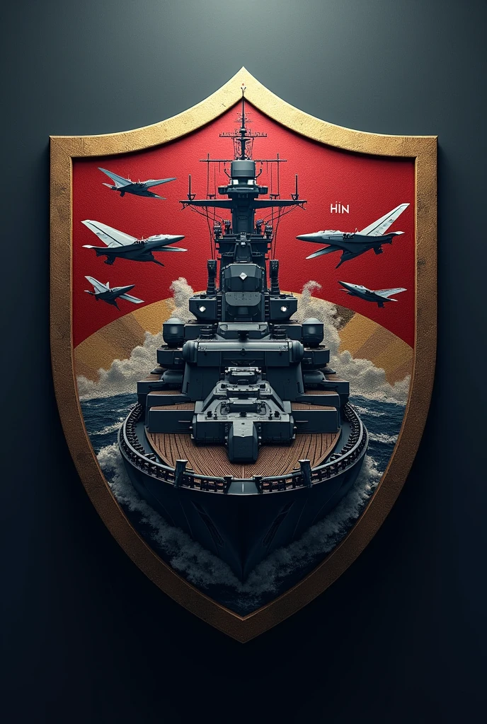 A shield bearing a battleship and planes with a name HIN