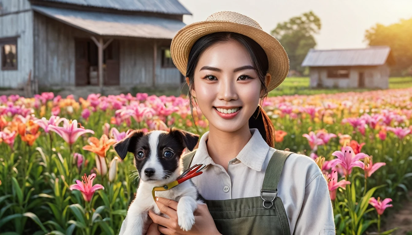 High quality resolution realistic photo of lily flower field, petals are detailed quality, colorful lily flowers, an asian farm girl standing, holding a scissors, big eyes, Beautiful eyebrows, earings, smiling, wearing local gardener clothing, in her 20 years, looking at camera, detailed quality, a farm dog, staring away and kept the farm safe. resolution quality realistic, 8k, photorealistic, background is an asian farmhouse, in dimming light,