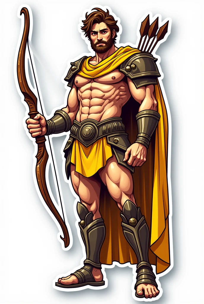 Apollo the god of sun wearing an armour and holding a bow and arrow and a lyre. Make him facing in front and his face a little fierce. No background, with bold outline, and sticker style. Make it just a half body. Make him holding the bow in his right hand, the lyre in his left hand, and the arrows at his back. Make the details a little simpler. Make him look like more "godlike" and wearing a cape. Where is the harp? Add a touch of color yellow.