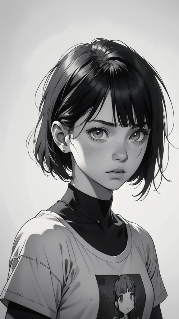 1 boyish girl, solo, sharp eyes, expressionless, monochrome, greyscale, short black hair, portrait, white T-shirt, closed mouth, looking at viewer, graphite \(medium\), detailed lips, hatching \(texture\), without makeup, bangs, upper body, (best illustration), (best quality), (very detailed), (masterpiece), expressionless,