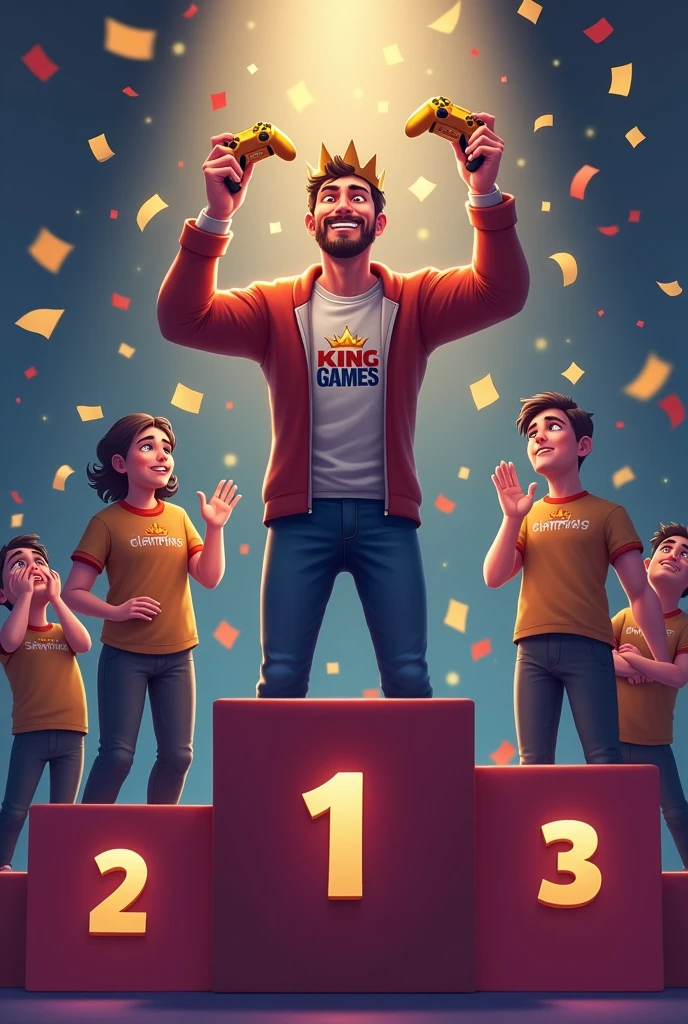 "Create a podium with five places. In the first place, there is a man standing proudly, holding a golden game controller. He is wearing a champion's crown and a shirt that has 'King of Games' written on it. The man should have a victorious expression on his face. From the second to fifth places, show people who are visibly upset and crying because they lost. The background is a celebratory scene with confetti falling around the first-place winner, contrasting with the sadness of the others."
This description should give you a detailed and vibrant image of the scene.