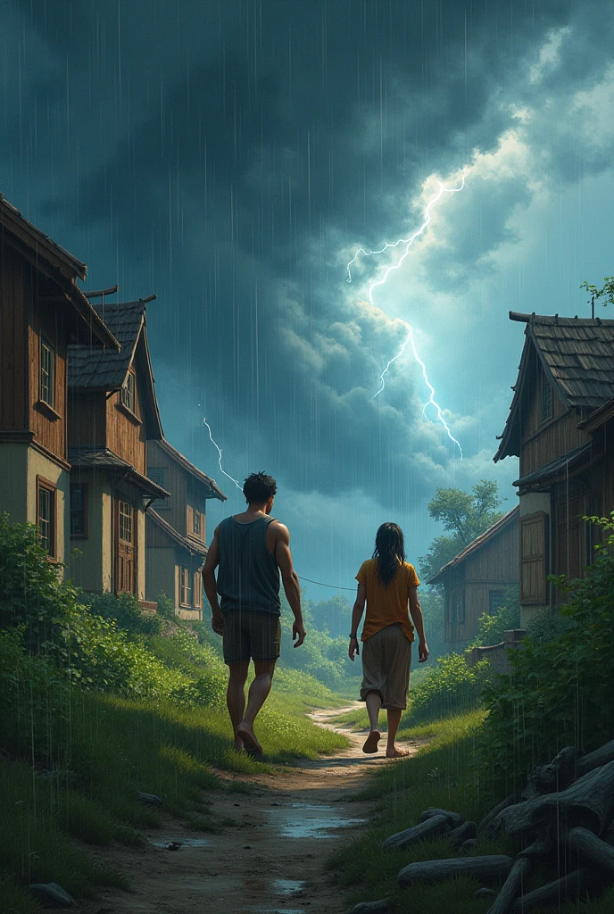 
Visualize a fierce storm over a village with one friend helping evacuate villagers and another friend safeguarding crops. Capture the storm's severity with a sense of hope and determination through the friends' actions."