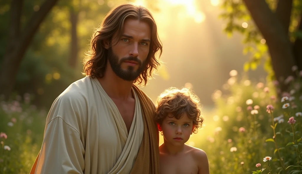 Descreva uma imagem de Jesus Christ walking in the enchanting garden of Eden with Adam. Adam is 2, short curl light brown hair, green eyes. Jesus is 3, light blue eyes, very handsome, emanating a divine aura and looking directly into the camera with a penetrating and compassionate gaze. The scene around him radiates a sense of serenity and transcendence, com cores suaves e uma atmosfera celestial. Highlight the details of the expression on your face, the sparkle in your eyes and the sense of peace and grace that your presence radiates in this sacred moment, 32K UHD, Style Raw, Afternoon sun, warm tone, cinematic