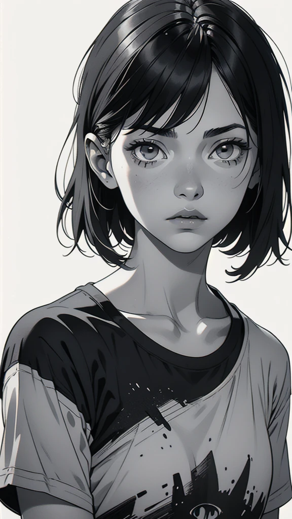 1 boyish girl, solo, sharp eyes, expressionless, monochrome, greyscale, short black hair, portrait, white T-shirt, closed mouth, looking at viewer, graphite \(medium\), detailed lips, hatching \(texture\), without makeup, bangs, upper body, (best illustration), (best quality), (very detailed), (masterpiece), expressionless,