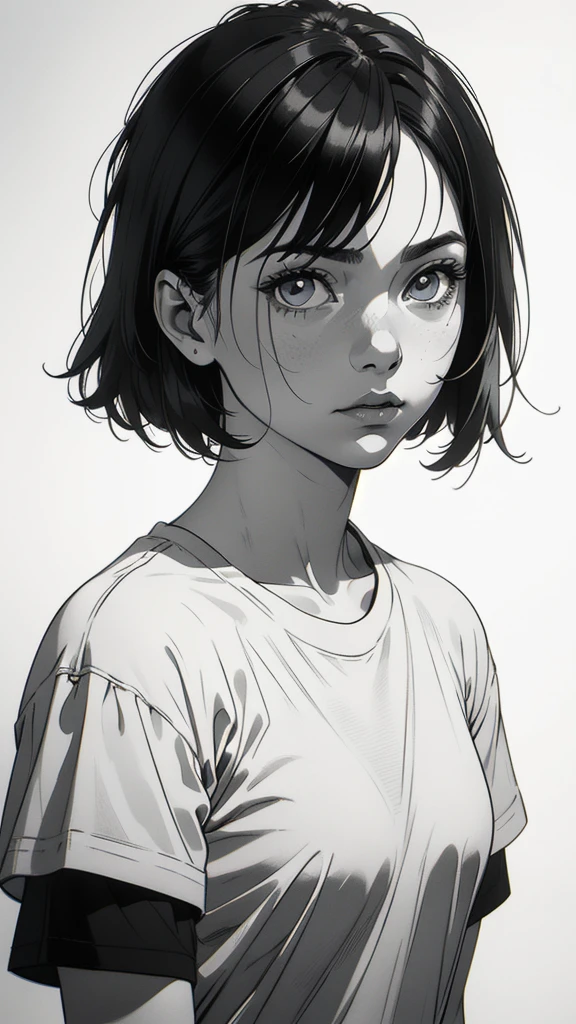 1 boyish girl, solo, sharp eyes, expressionless, monochrome, greyscale, short black hair, portrait, white T-shirt, closed mouth, looking at viewer, graphite \(medium\), detailed lips, hatching \(texture\), without makeup, bangs, upper body, (best illustration), (best quality), (very detailed), (masterpiece), expressionless,