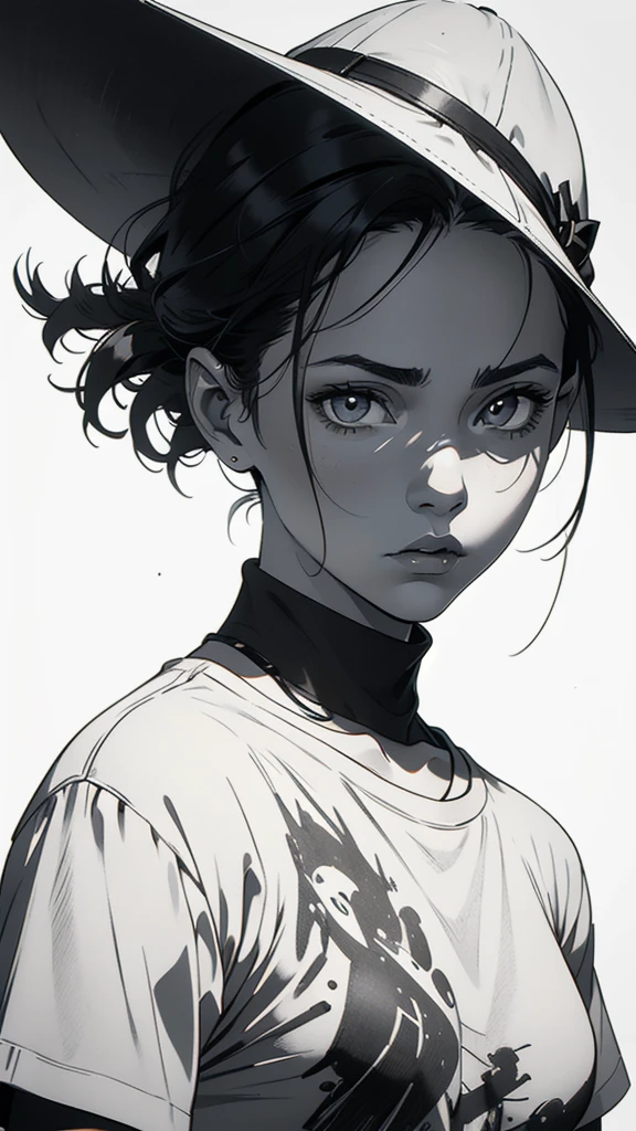 1 boyish girl, solo, sharp eyes, expressionless, monochrome, greyscale, short black hair, portrait, white T-shirt, closed mouth, looking at viewer, graphite \(medium\), detailed lips, hatching \(texture\), without makeup, bangs, upper body, (best illustration), (best quality), (very detailed), (masterpiece), expressionless,