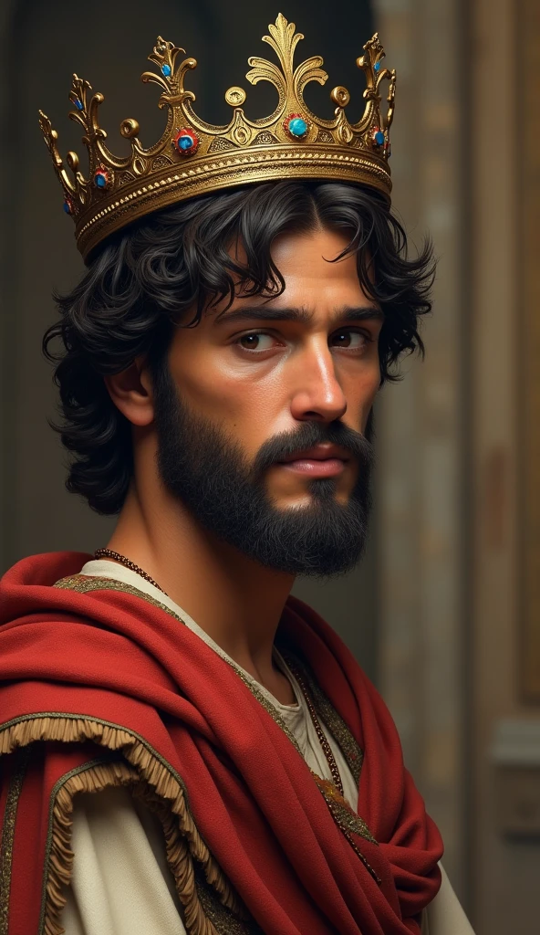 jesus, brunette skin, short, curly, dark brown hair, short beard, eyes browns, strong facial features, and an average height of about 1,65 meters,wearing period clothes, show the whole body wearing a crown