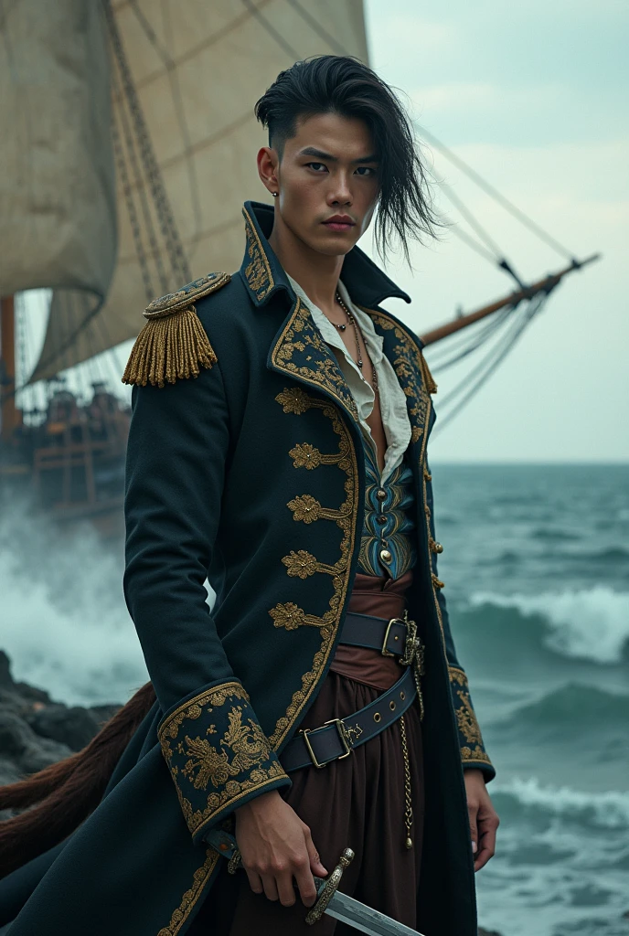 Korean male pirate with very fair skin and 20 years old and with the face of Mingi from Ateez