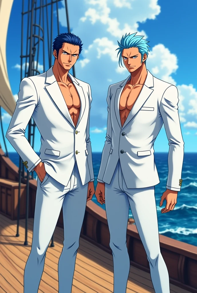 Create an anime one piece type image, with two men dressed in white suits, One has navy blue hair down to his ears and the other has light blue hair., that they are a pirate ship