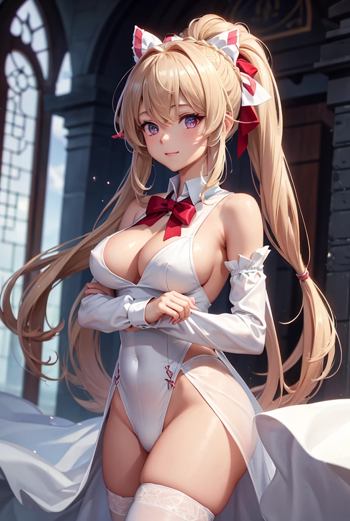 ((masterpiece)), ((Best quality)), (high resolution), (illustration), (an extremely delicate and beautiful), (ultra detailed beautiful face and eyes), ,   1girl, leaning forward,  YukineChris, long hair, purple eyes, twintails, low twintails, ahoge, ,  fishnet pantyhose, red a bow tie,  volumetric lightning, 
detailed skin texture, detailed, volumetric shadow, anime screencap,Highest quality, Sorceress, ancient babylonian nobility, ((tan skin:1.2)), (brown skin color),Long hair, twin braids, hair ornament, wine colored hair, smile, Below average size ,  shoulders, (underboob:0,Red leotard)clothes get torn、Cross your arms、Wide-、Standing with your 、front、Leg spread、Groin、Elevate your legs、Knight uniform、Two Piece、Yukine Chris、Symphogear、Wet、lake、lake畔
8K, masterpiece, Best_quality, high_resolution, ultra_details, detailed, 1girl, 独奏, looking_at_viewer, upper_body, braid, blurry, bangs, white_hair, blurry_background, collared_shirt, church, red_dress、hair_ribbon, hair_between_eyes, 
sidelocks,depth_of_field,light_particles,sun_shine,snow、french_braid, Alphonse Mucha Style, sharp focus, perfect hands, perfect face, perfect eyes, perfect light, dynamic light, natural light, Masterpiece, Best quality, 