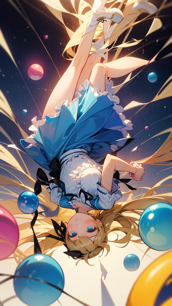 high resolution、Perm blonde、ponytail、Black ribbon on head、simple light blue dress、White frills on the skirt。
A girl like Alice in Wonderland,
Girl falling from the sky。
Beautiful fantasy。Mysterious ornaments are scattered around。Colorful hues
