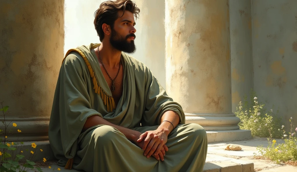 A male Stoic philosopher, around 2, with a well-proportioned and attractive physique, not excessively muscular, and slightly tanned skin. He is wearing classic tunics, slightly transparent, in soft earthy tones—gray and olive green—with subtle gold or copper details, that gently drape over the body, subtly revealing his shoulder. The philosopher is seated in a tranquil setting, surrounded by elements that evoke calm and introspection. His thoughtful expression is illuminated by soft light, reflecting the clarity and wisdom gained through experience. The scene is painted in an impressionist style, with dramatic brushstrokes capturing the peaceful and contemplative atmosphere. The philosopher’s face shows contemplation and serenity, emphasizing the wisdom gained from reflection.